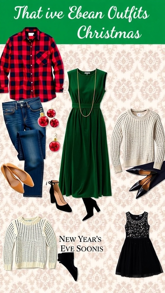 A collection of stylish Christmas outfits including casual, formal, and festive attire.